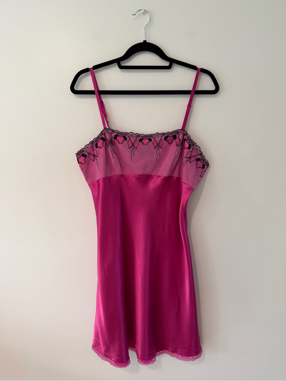 90s Vintage Pink Black Feminine Satin Slip Mini Dress Lace Trim Women's Large